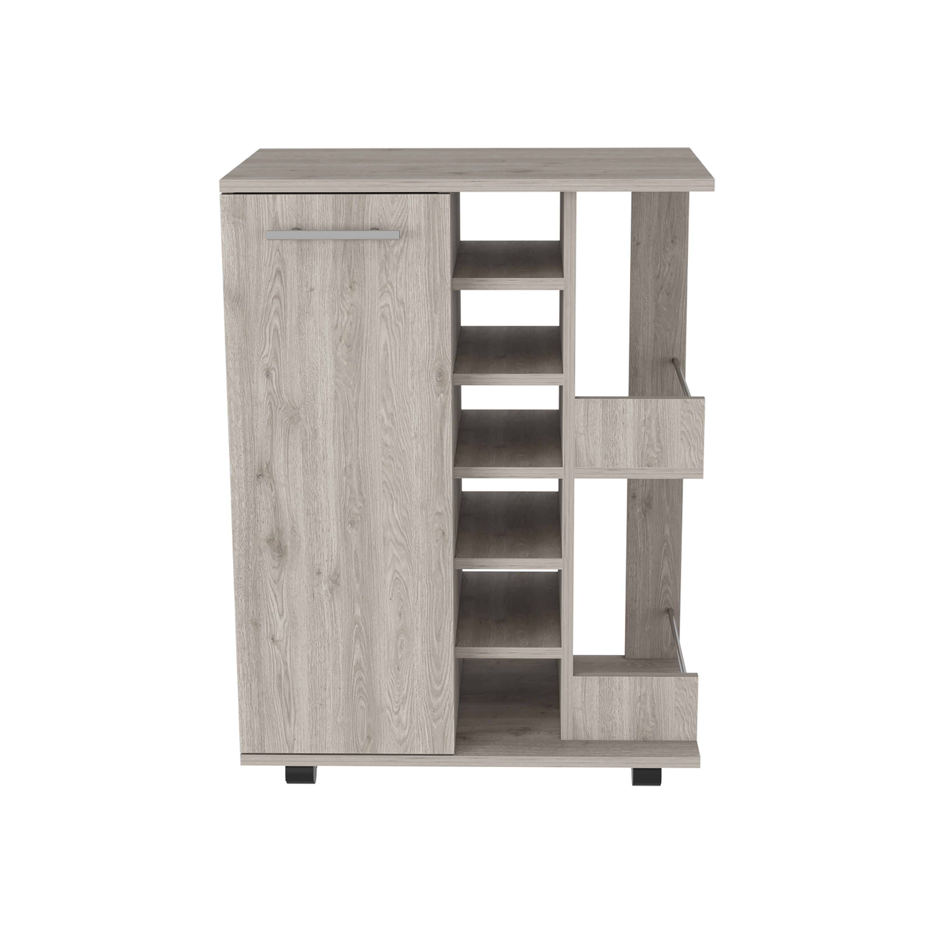 Bar Cart, Two External Shelves, Four Casters, Six Built-in Wine Rack, Single Door Cabinet -Light Gray